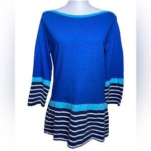 HATLEY: Blue Breton Top - Boat Neck, Stripes, 3/4 Sleeves; Size L